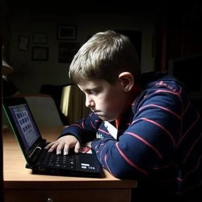 Niño solo frente a un portátil de noche